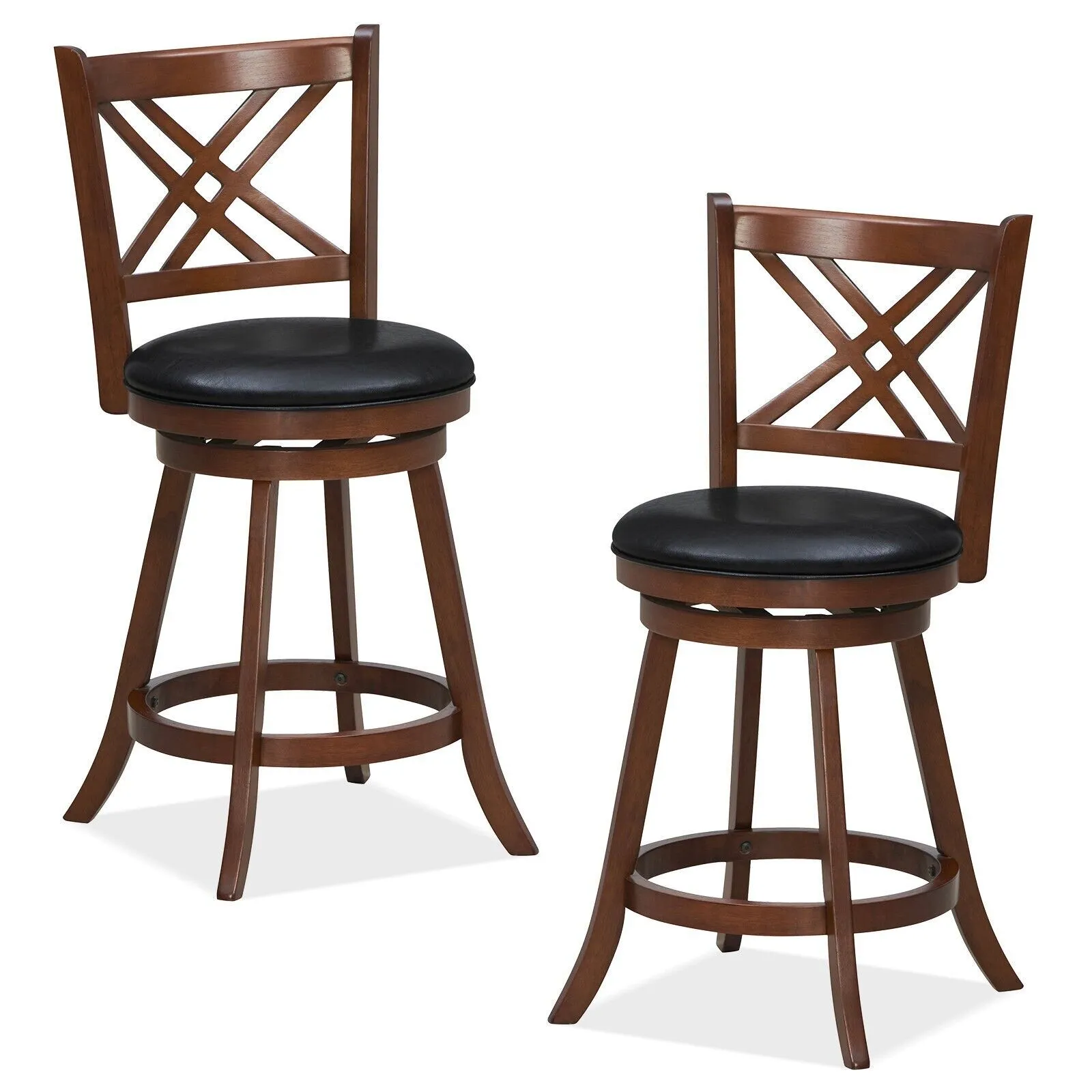 Costway Set of 2 Bar Stools Counter Height Chair Pub 360 Swiveling Upholstered Seat 24" in Brown
