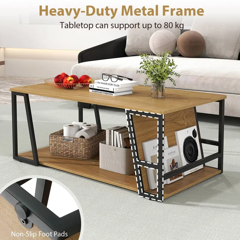 Costway Rectangle Coffee Table 2-tier Cocktail Center Accent Table w/ Shelf in Natural 5