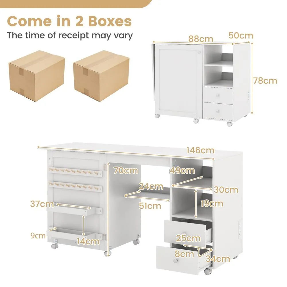 Costway Folding Sewing Table w/Charging Station Sewing Machine Cart Table-White in White 4