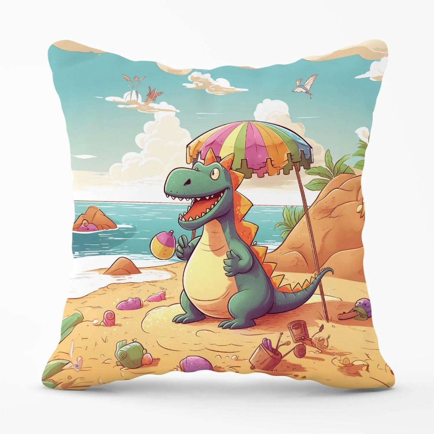 Warren Reed - Designer Dragon On A Beach Holiday Outdoor Cushion in Yellow