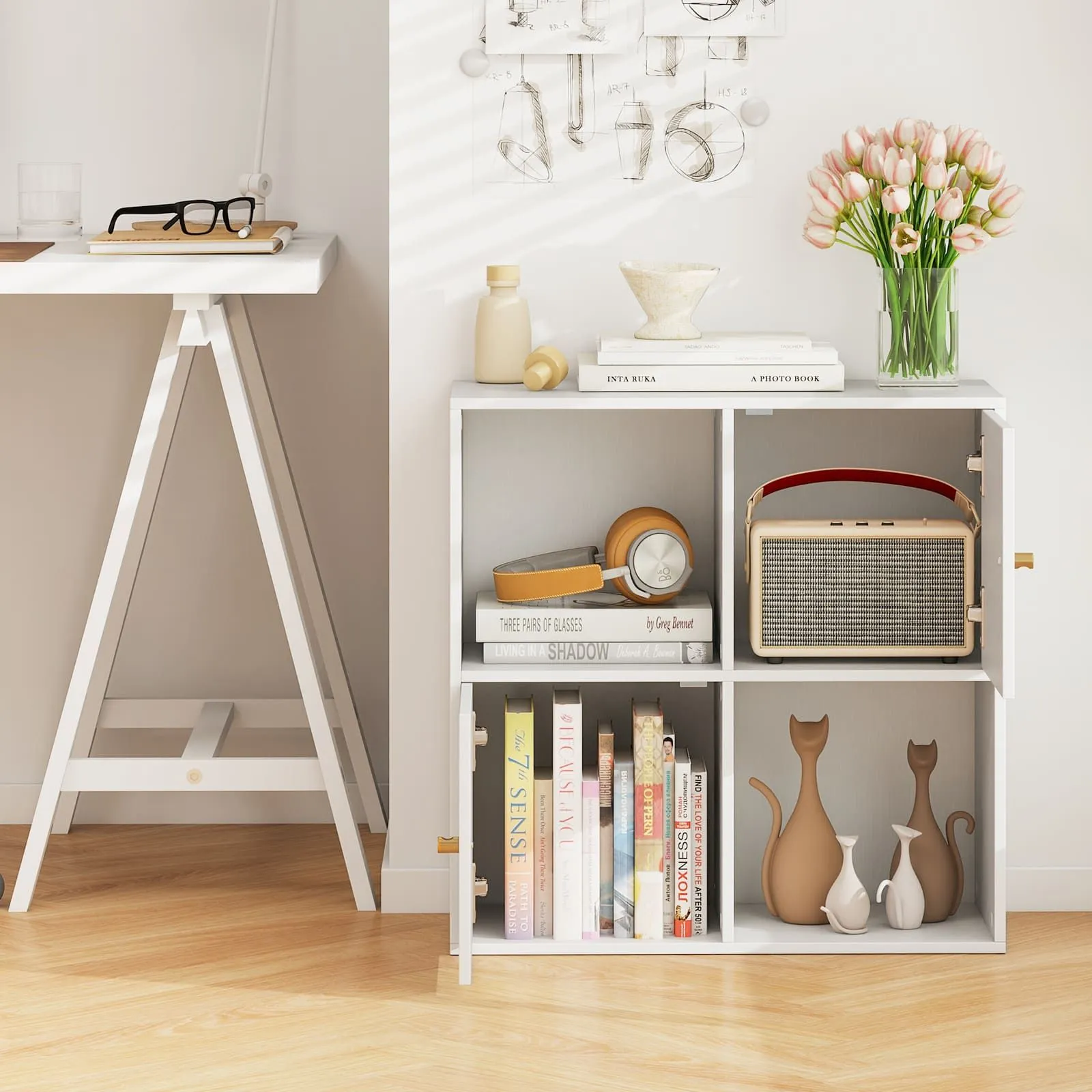 Costway 4-Cube Bookcase 3-Tier Bookshelf Storage Organizer w/2 Cabinets in White 3