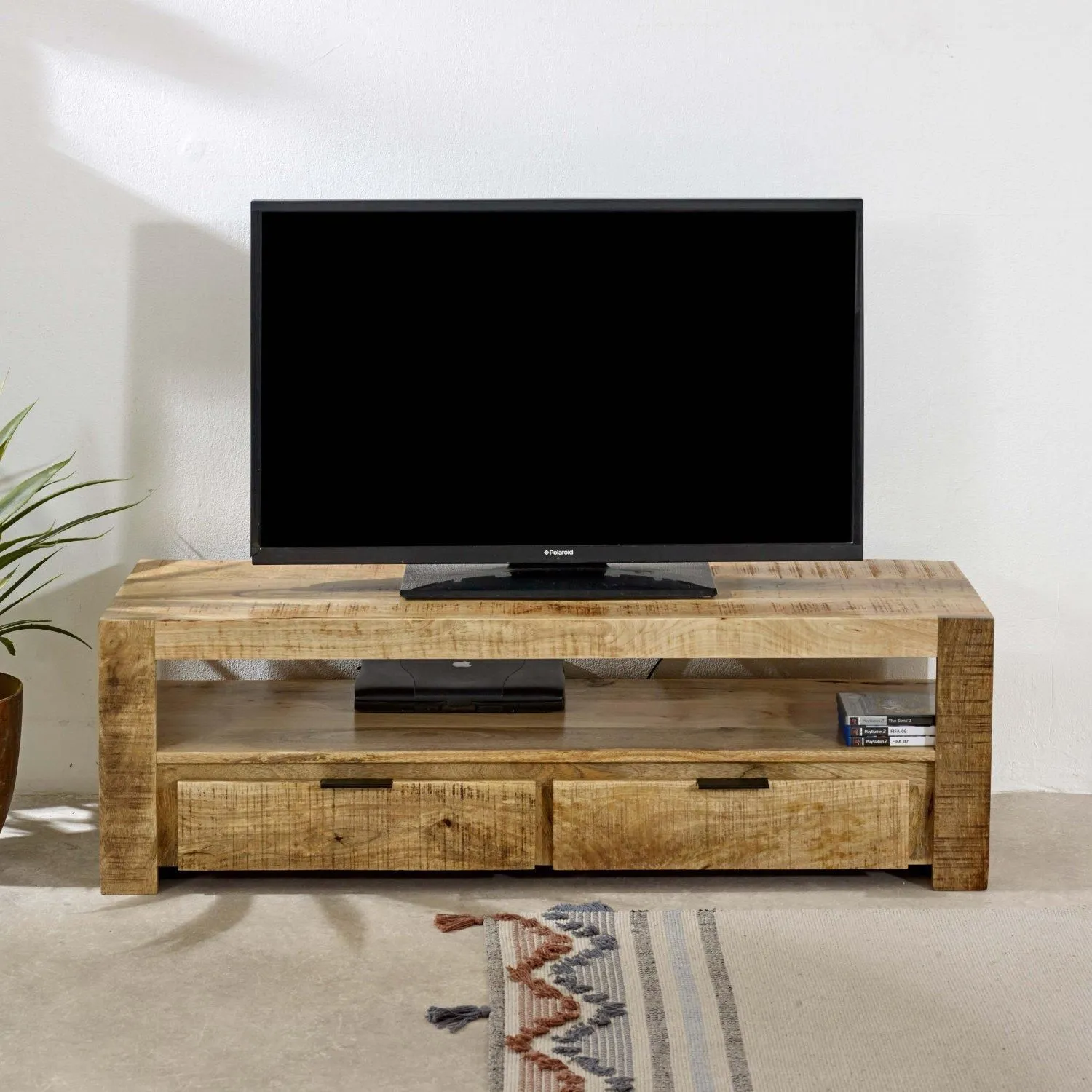 IH Design Bratton Mango Wooden Tv Stand With 2 Drawers in Brown