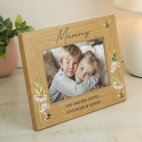 Personalised Floral Bee Oak Finish Photo Frame