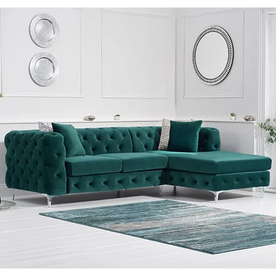 Bruket Velvet Right Handed Chaise Corner Sofa In Green