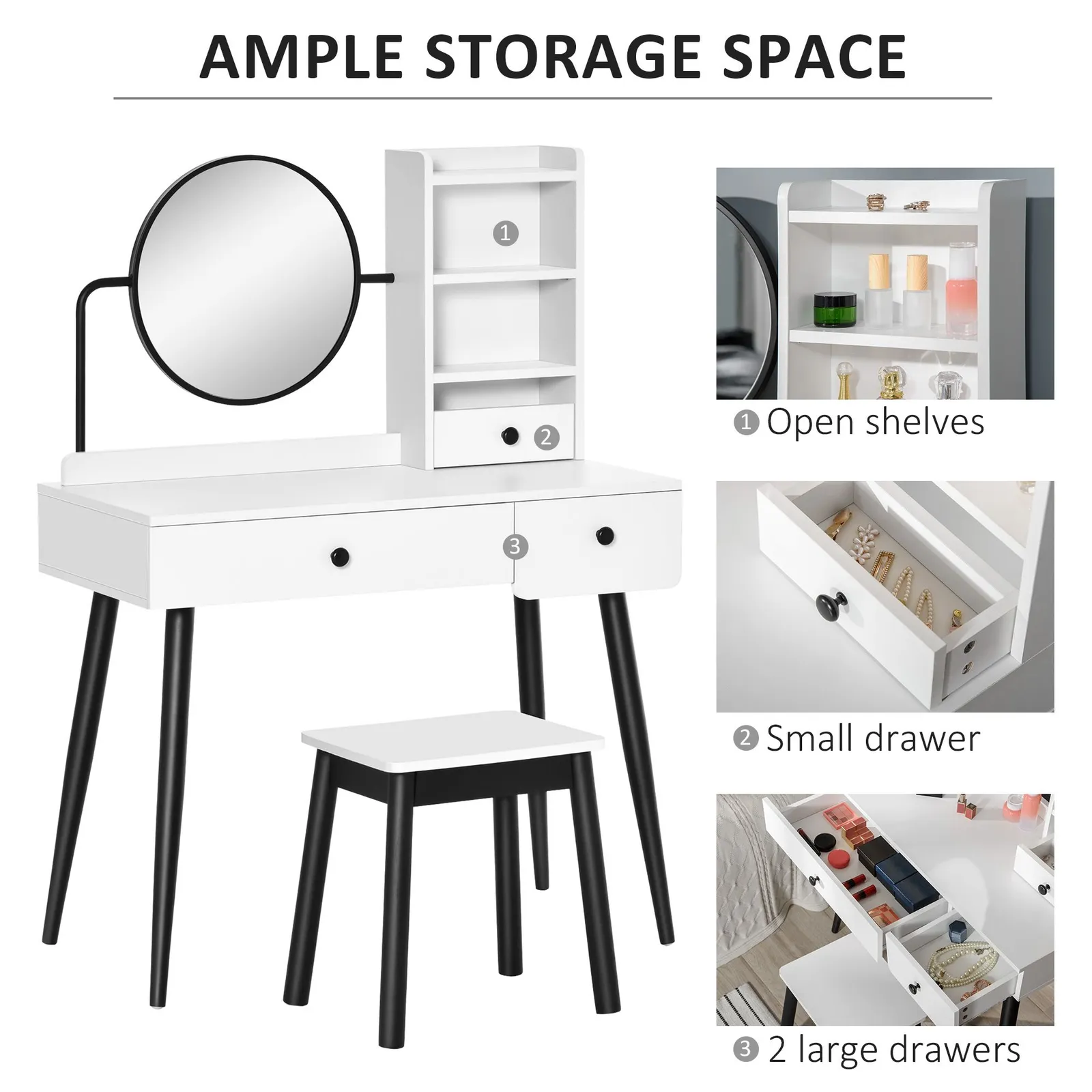 HOMCOM Dressing Table Set with 3 Drawers, Storage shelves & Stool in White 6