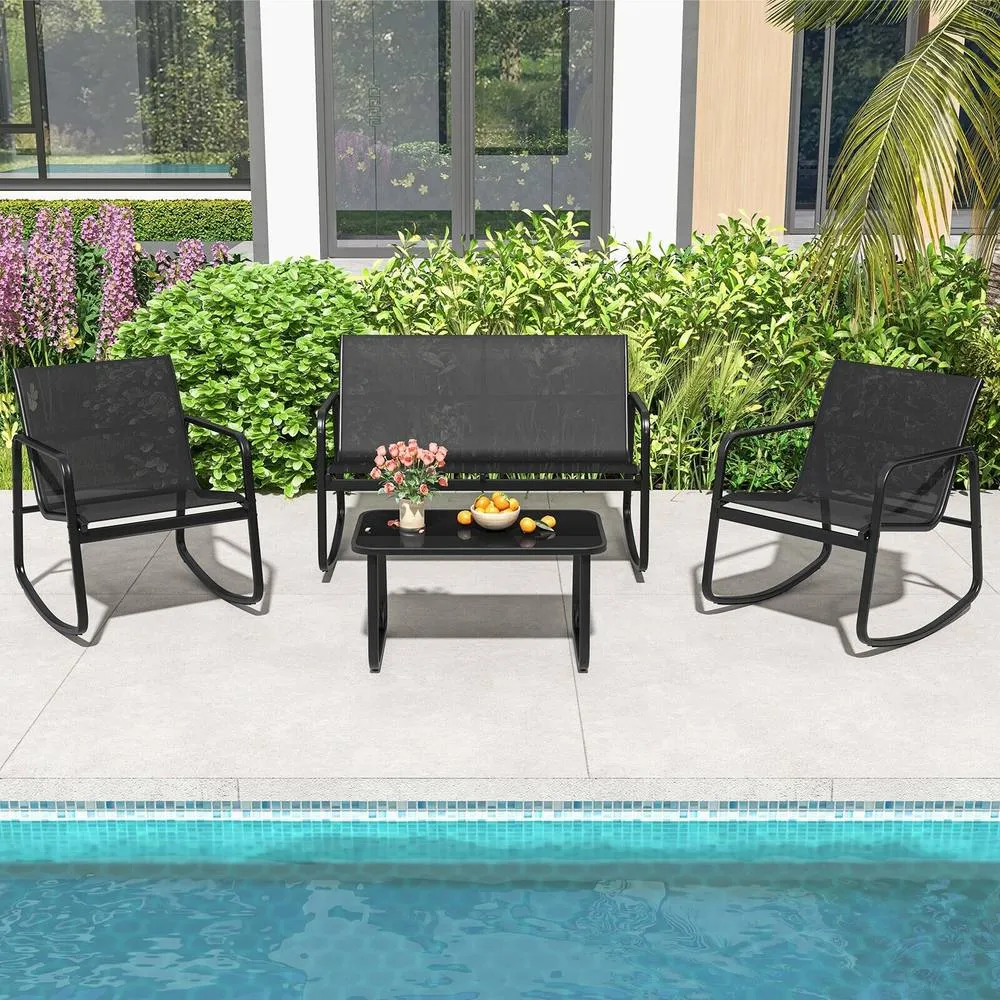 Costway 4 PCS Patio Rocking Set Outdoor Rocker Chair Conversation Set in Black 3