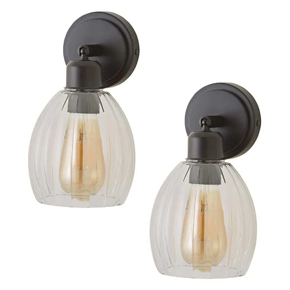 ValueLights Cheltenham Pair of Ribbed Glass Dome Spotlight Wall Lights with Bulbs in Black 1