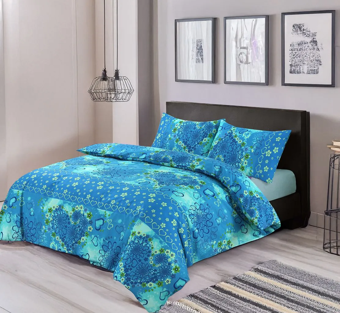 Snug City Duvet Cover & Pillowcase Set Love Heart Design Polycotton Bed Linen in Teal