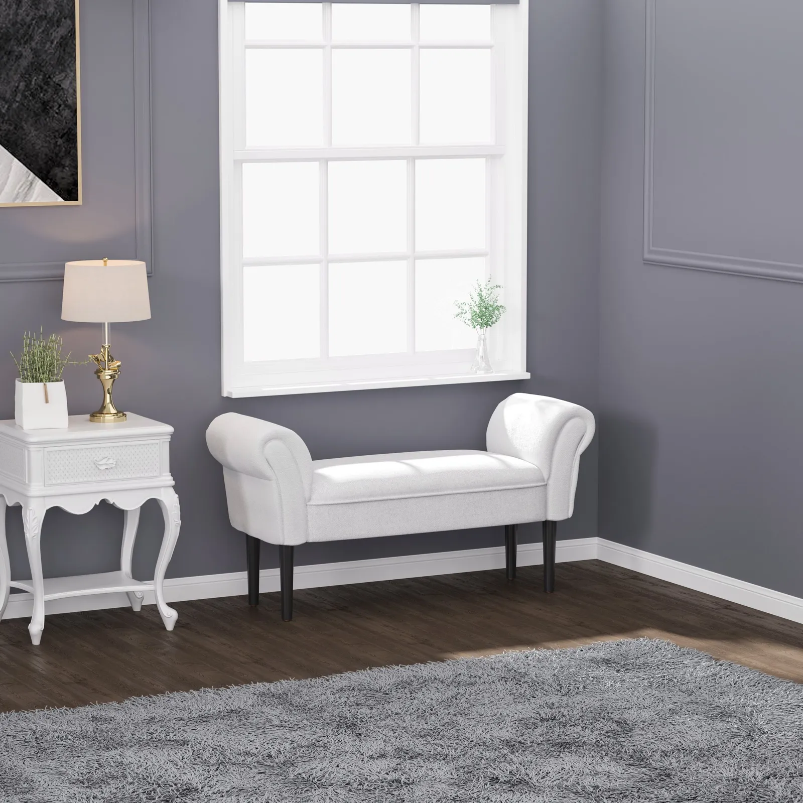 HOMCOM Bed End Bench Sofa Lounge Window Padded Seat Hallway with Wooden Leg in Light Grey 4