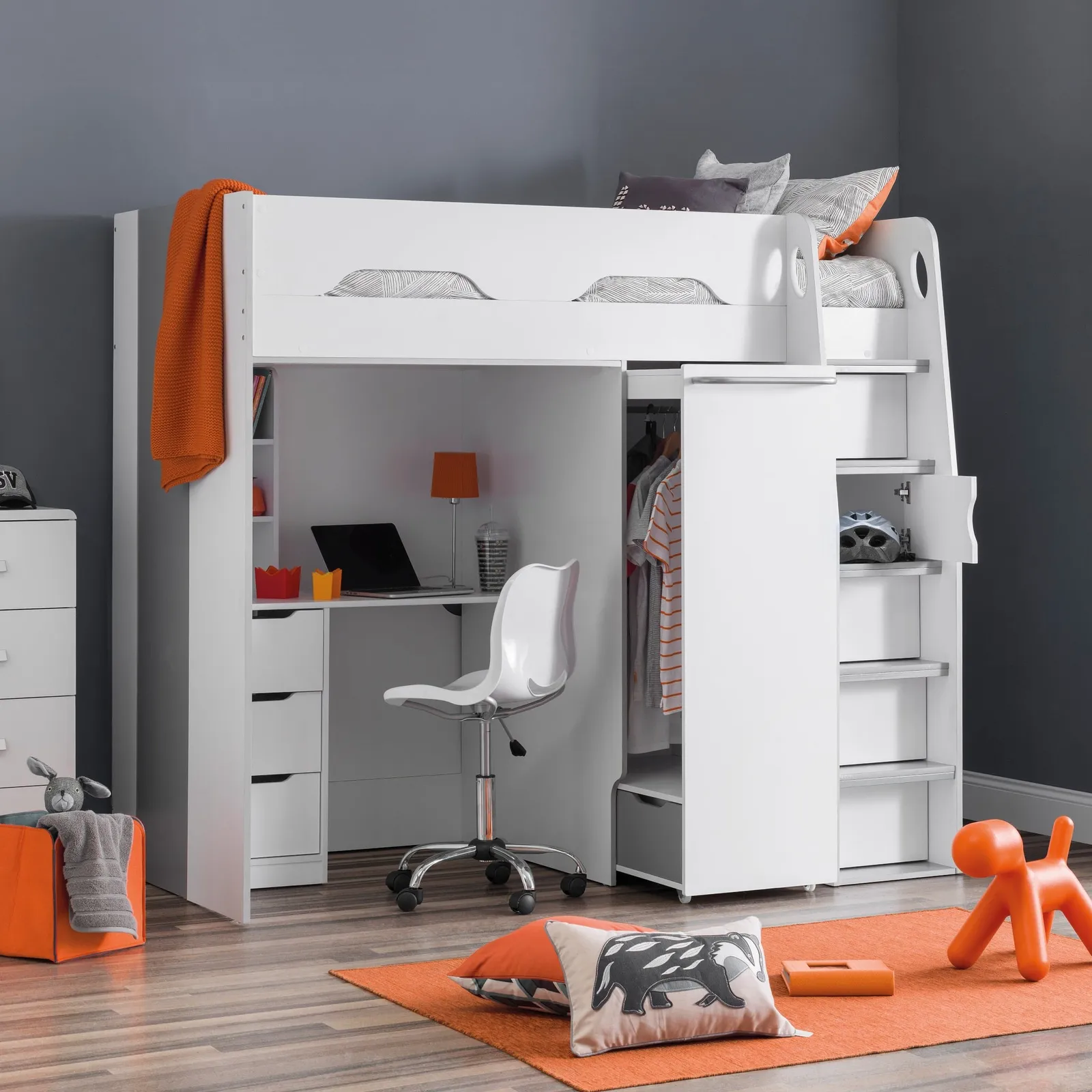 Pegasus - Single - Kids High Sleeper Bed - White and Silver - Wood - 3ft - Happy Beds 1