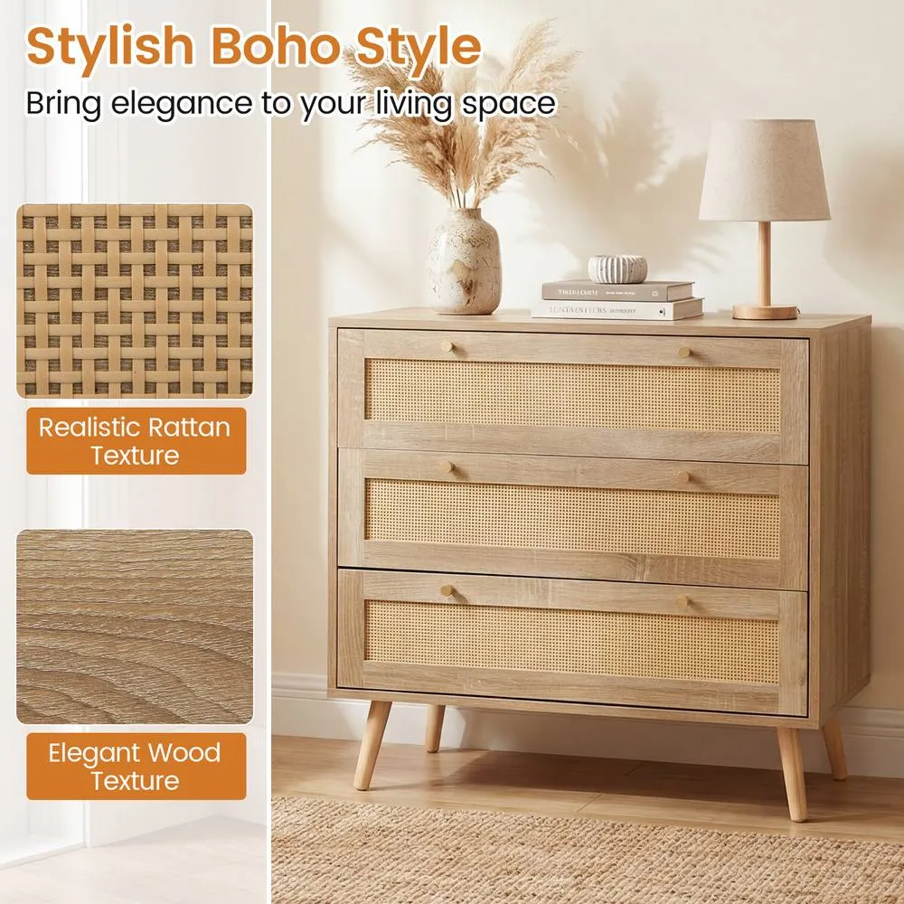 Costway Boho 3-Drawer Rattan Dresser Wooden Nightstand Side Table w/ 3 Drawers in Natural 6