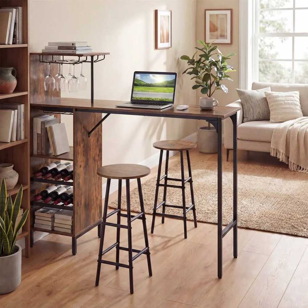 Costway 3PCS Bar Table & Chair Set Pub Table & Stools with Wine Glass Holders in Brown 4