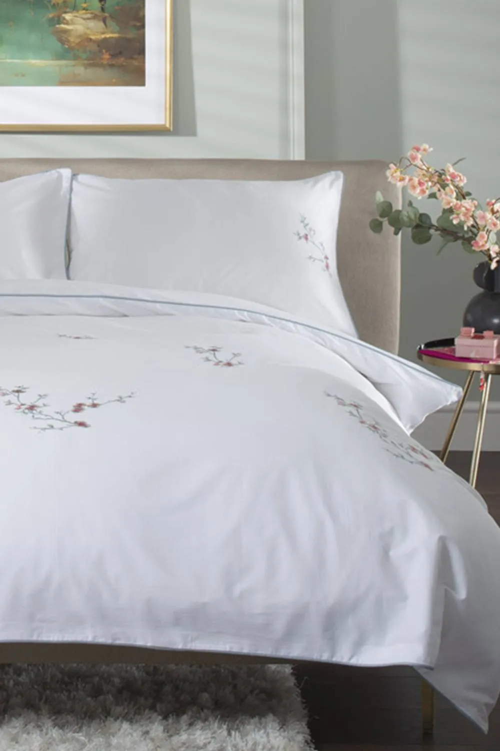 The Lyndon Company Cherry Blossom Teal Cotton Duvet Set with Embroidered in White 2
