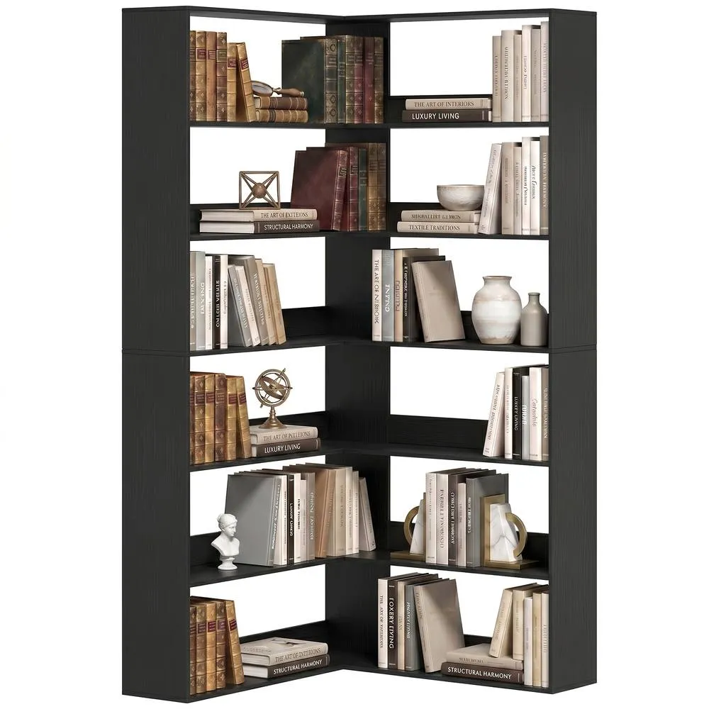HOMCOM 7 Tiers Corner Bookshelf, L-Shaped, Black Wood Effect 2