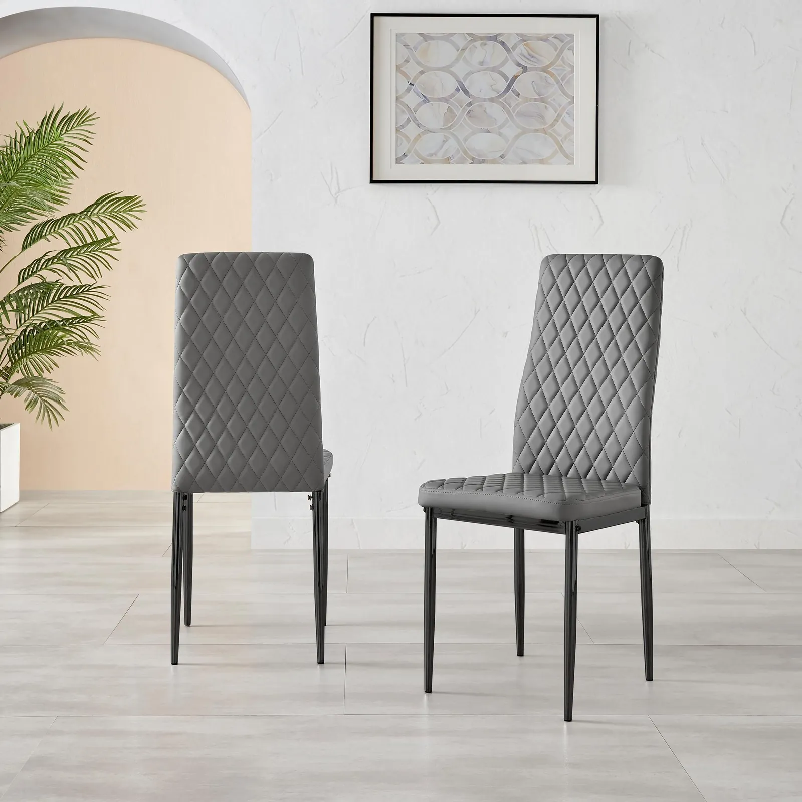 FurnitureboxUK Set of 4 Milan High Back Soft Touch Diamond Pattern Faux Leather Dining Chairs With Black Powder Coated Metal Legs in Grey 3