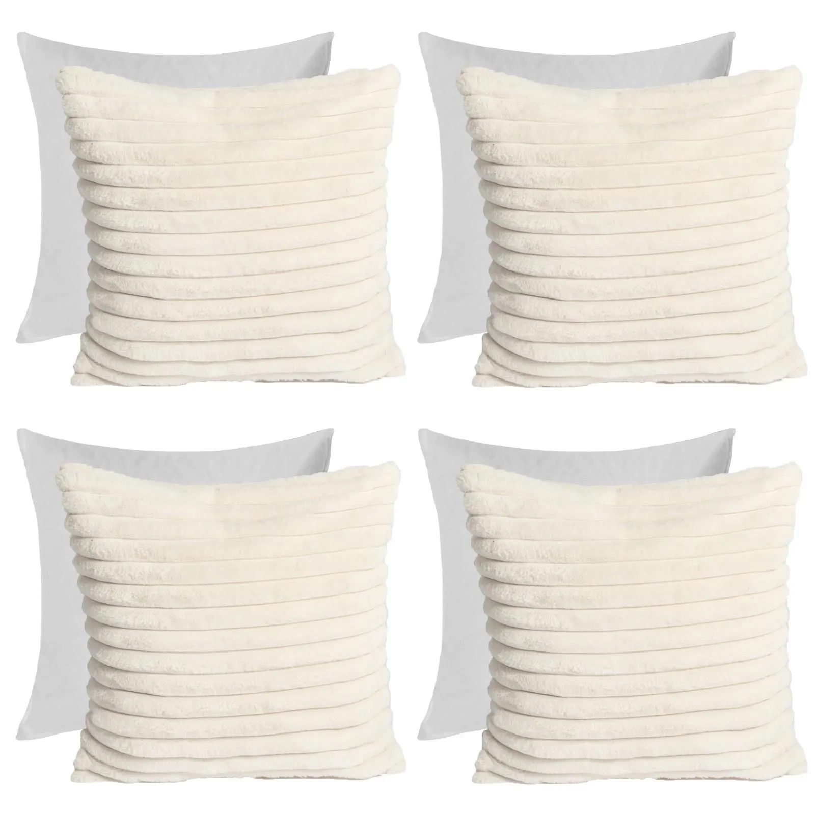 OHS 4 x Faux Fur Thick Rib Filled Cushion Covers in Natural