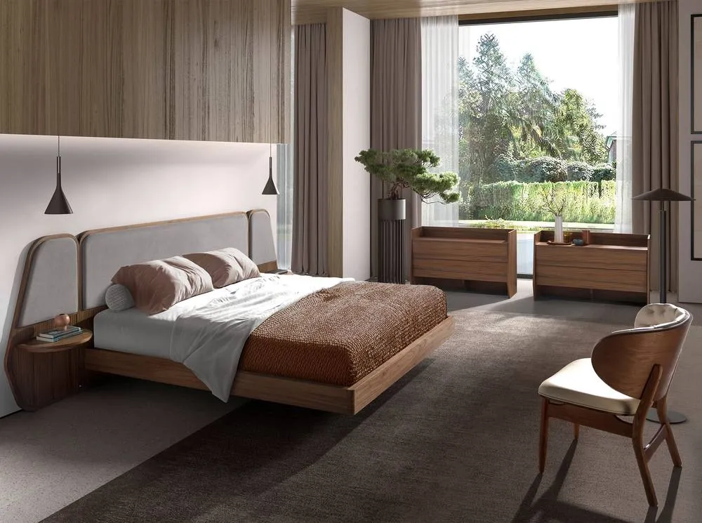 Angel Cerda Walnut Veneer Double Bed with Grey Fabric Headboard 4
