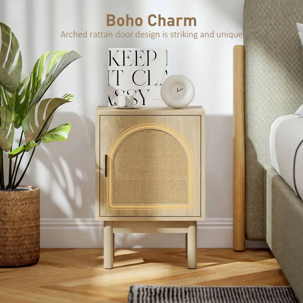 HOMCOM Boho Bedside Table with Rattan Door & Adjustable Shelf, Natural 6