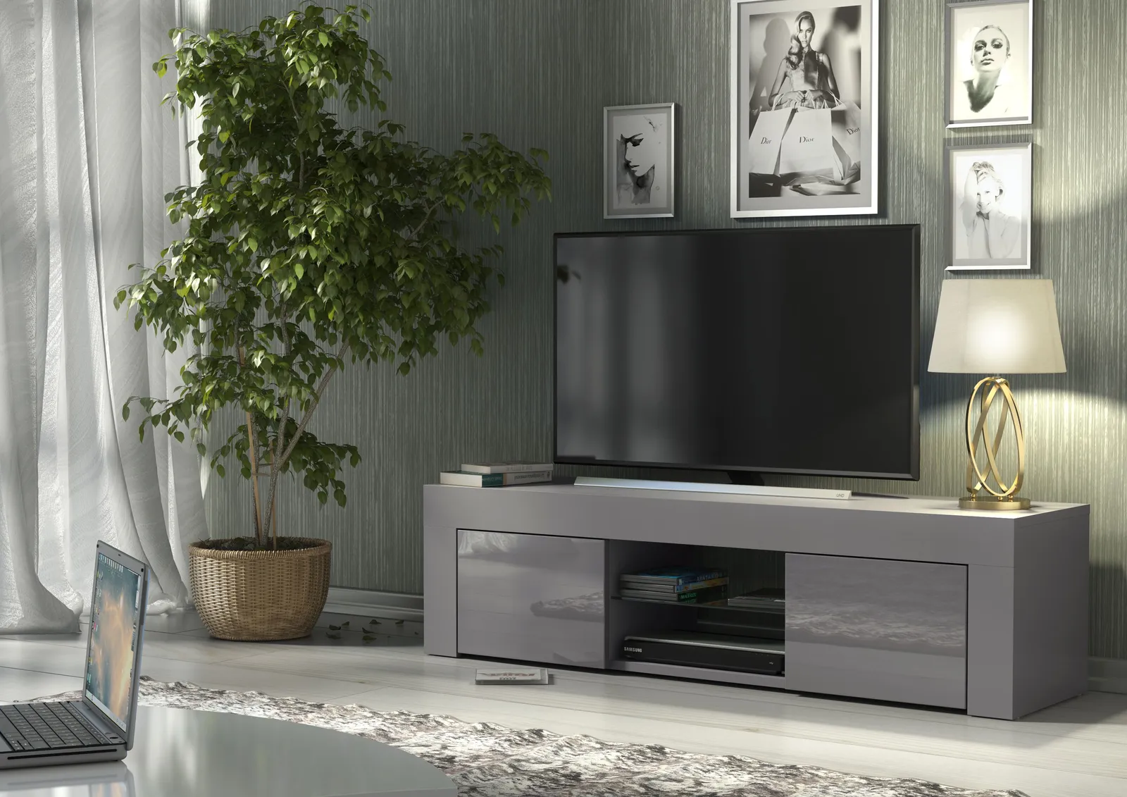 Creative Furniture TV Unit 130cm Modern - Dark Grey with High Gloss Doors 2