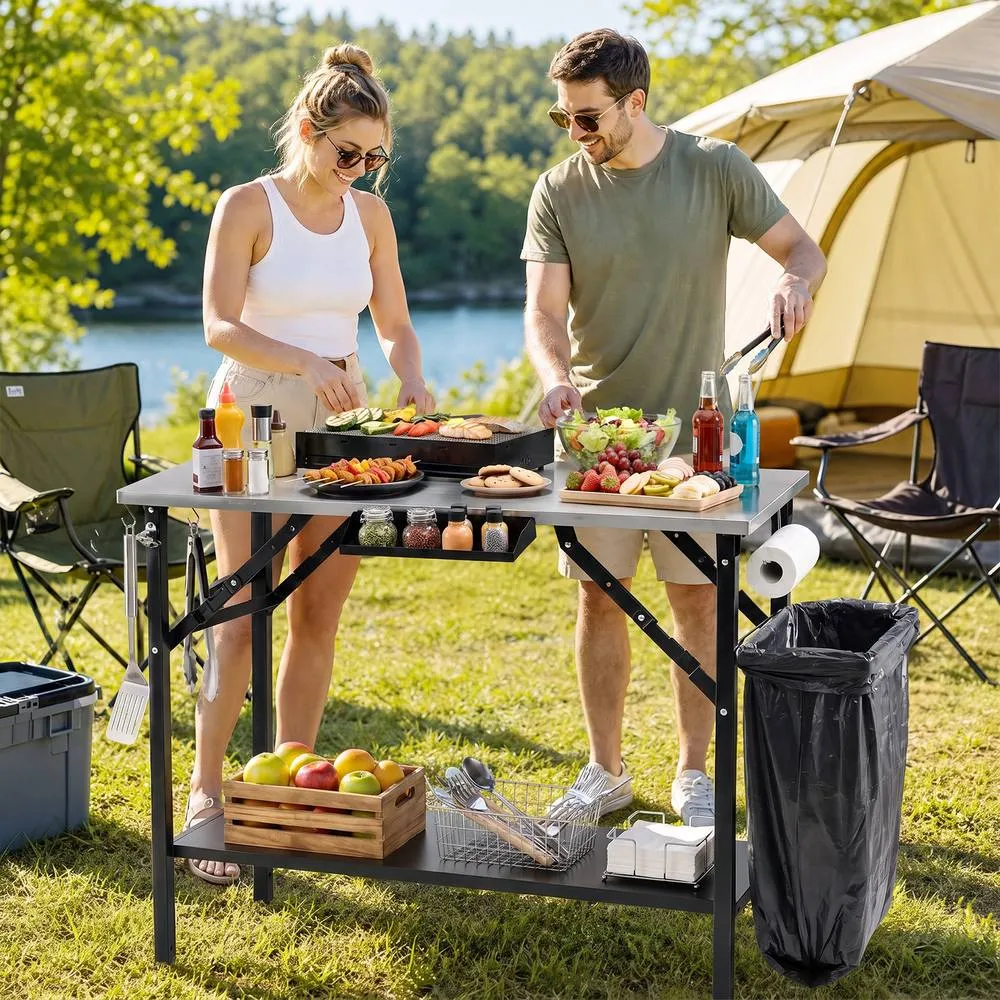 Costway Portable Grill Prep Table w/ Trash Bag Holder, Paper Towel Rack in Black 3