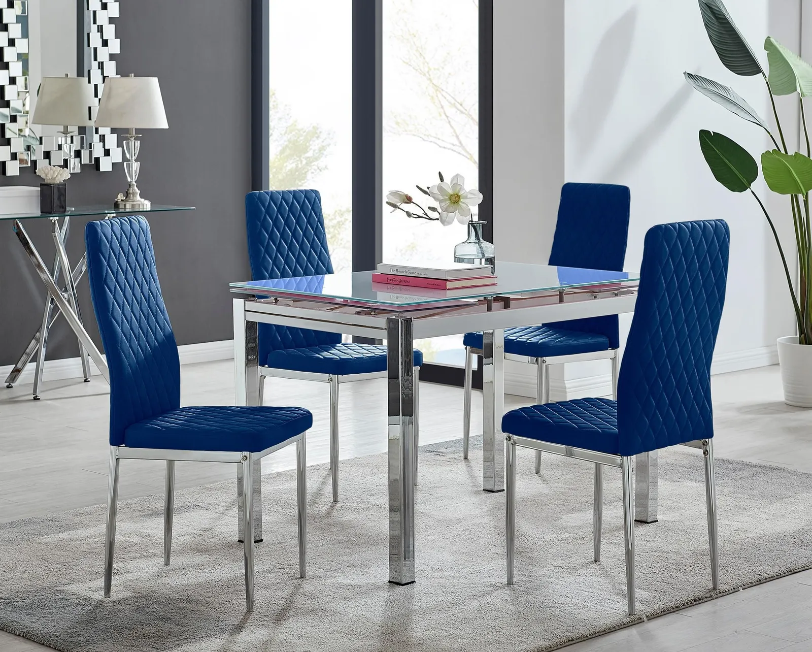 FurnitureboxUK Enna White Glass Extending 4-6 Seater Dining Table & 4 Milan Soft Velvet Chairs in Navy 1
