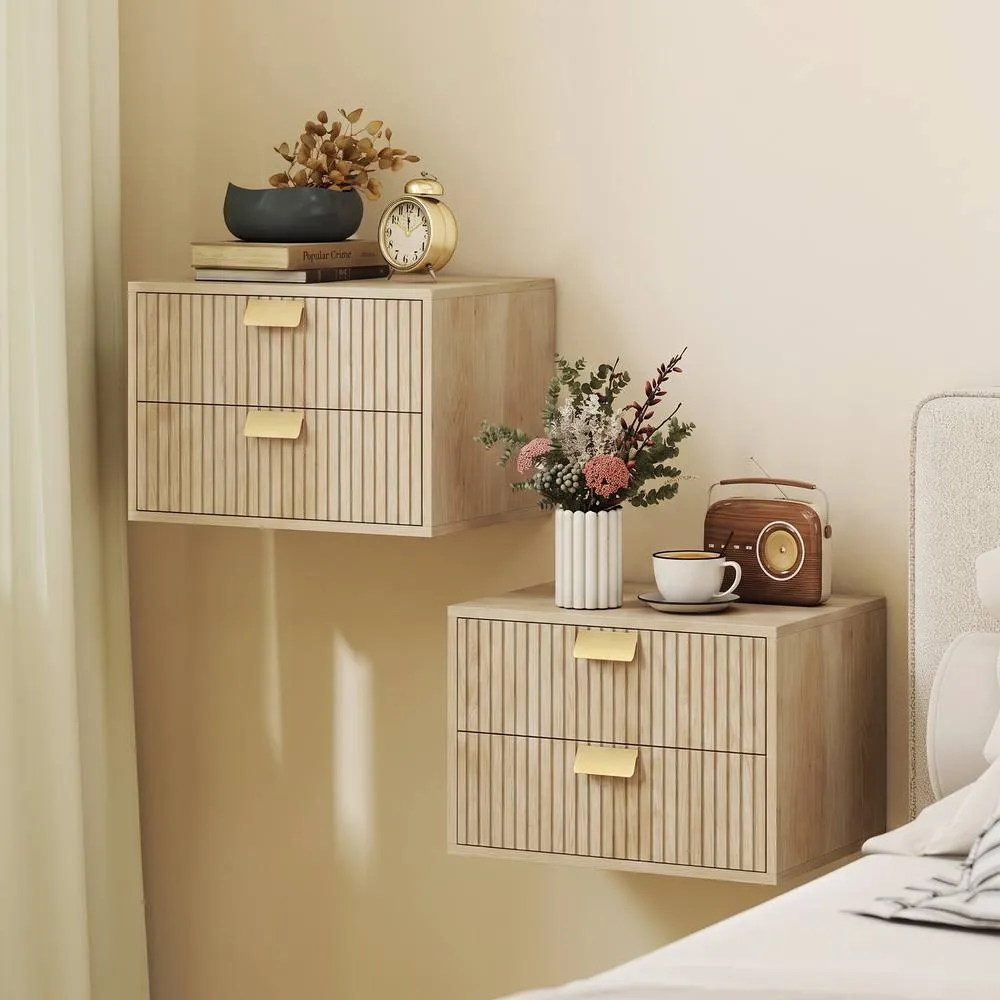 HOMCOM 2pcs Modern Floating Nightstands, 2 Drawers Bedside Tables, Oak in Natural 2