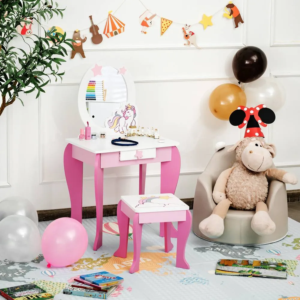 Costway 2 in 1 Vanity Table & Chair Set Princess Makeup Dressing Table Writing in Pink 5