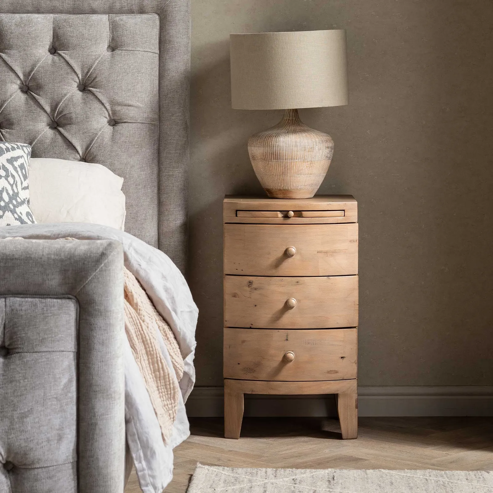 Lewes 3 Drawer Bow Front Bedside Table, Neutral Wood | Barker & Stonehouse 2