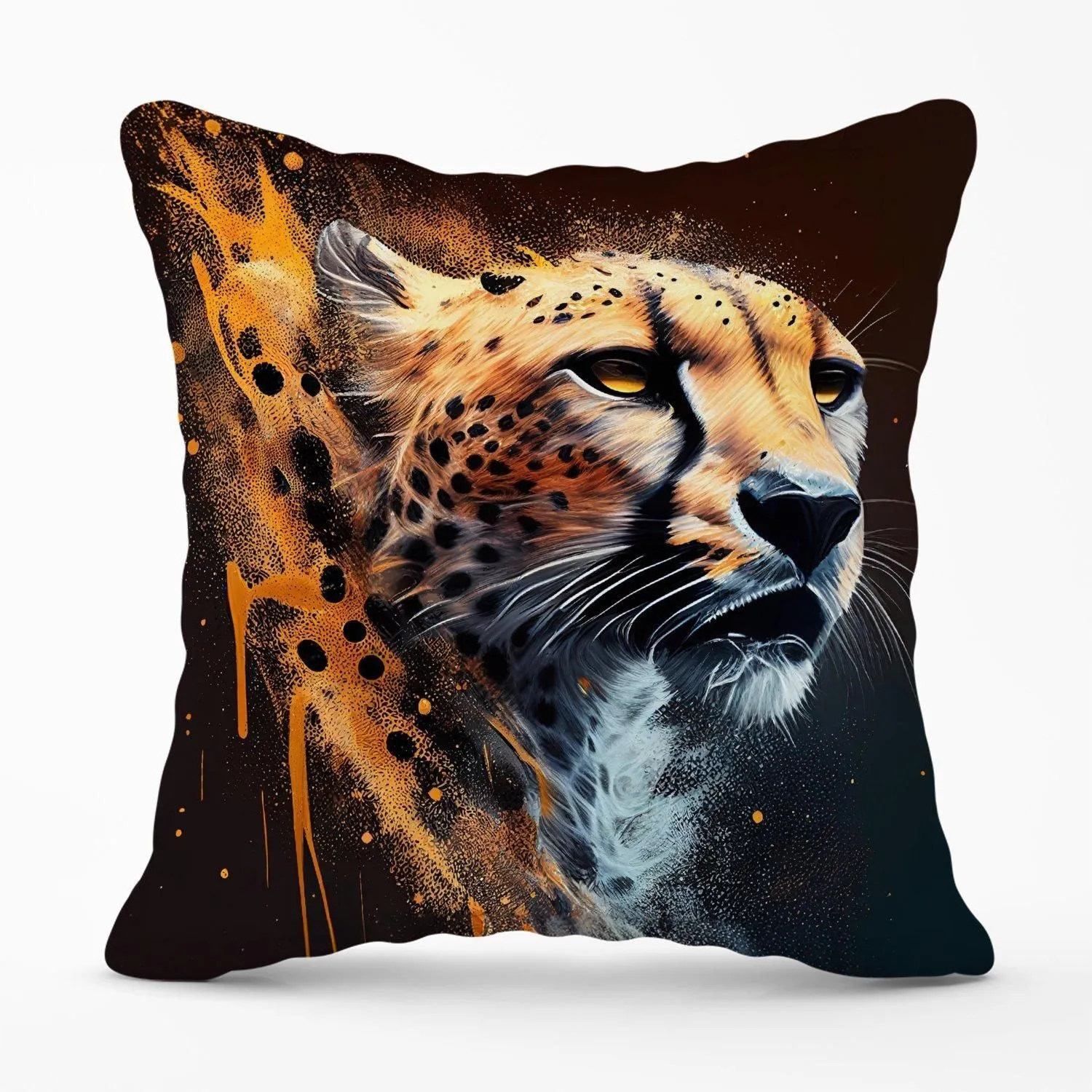 Warren Reed - Designer Cheetah Face Splashart Dark Background Outdoor Cushion in Yellow