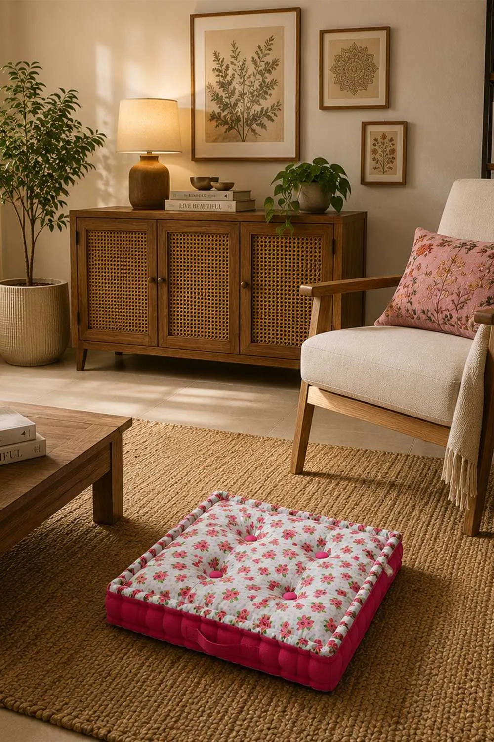 Homescapes Roses & Dots Cotton Floor Cushion in Pink 2