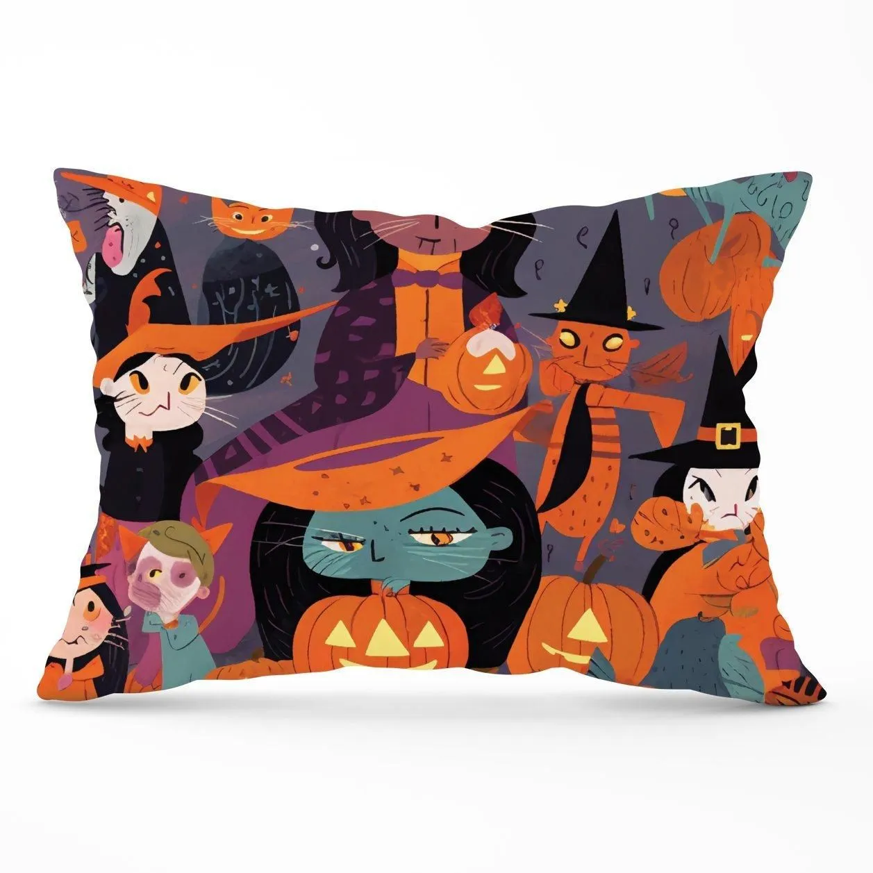 Warren Reed - Designer A Vibrant Illustration Of Witches & Pumpkin Cushions in Orange