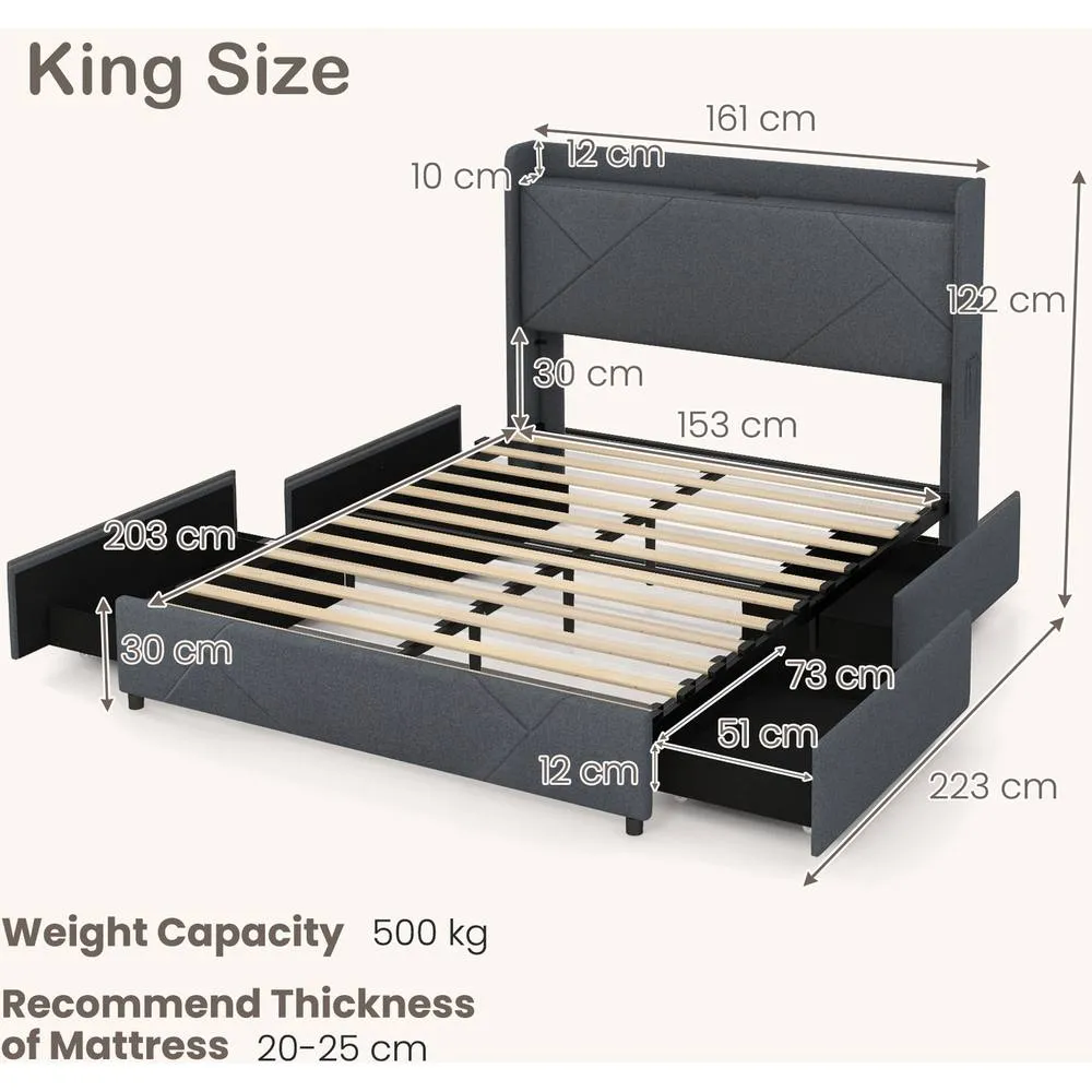 Costway King Size Bed Frame with RGB LED Lights Storage Headboard & 4 Drawers in Grey 2